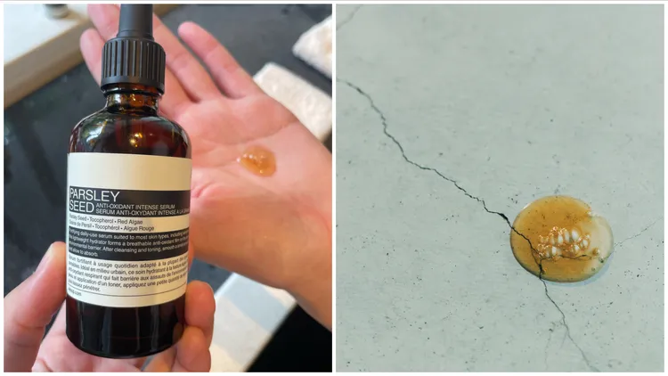 Aesop香芹籽抗氧化高效精華質地輕盈，相當適合夏日使用。左圖張家玲攝、右圖品牌提供