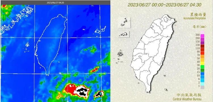 27日4：20紅外線色調強化雲圖顯示，台灣上空晴朗無雲，巴士海峽有雲層北移(左圖)。4：30累積雨量圖顯示，各地尚無降雨(右圖)。翻攝自氣象應用推廣基金會