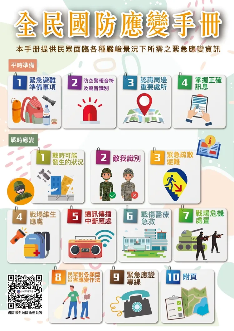 國防部針對平時跟戰時應變，指出14項緊急應變措施。國防部提供