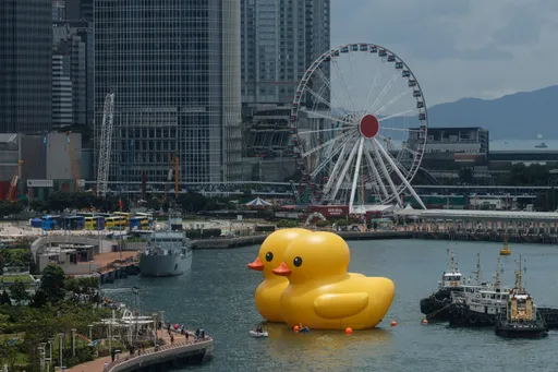 圖多|2隻黃色小鴨現身香港維港 解放軍登陸艦同框