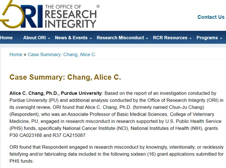美國研究誠信辦公室（ORI）去年底發布對張姓女教授申請基金的調查報告。翻攝ORI官網