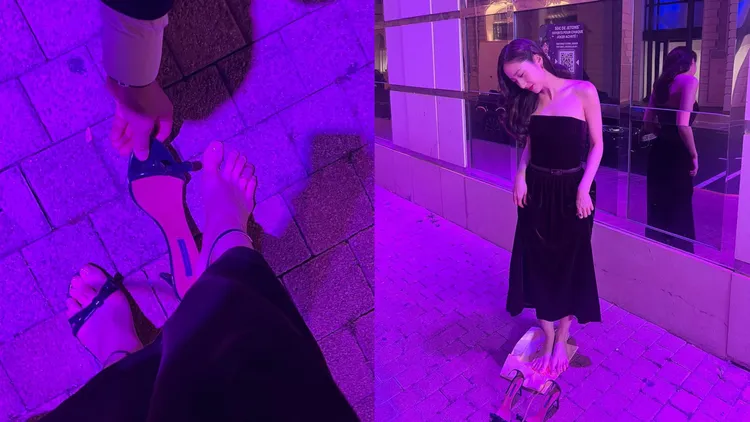 Krystal腳上的高跟鞋當天突然斷裂，讓她只能在貼頭打赤腳等待救兵。翻攝vousmevoyez IG