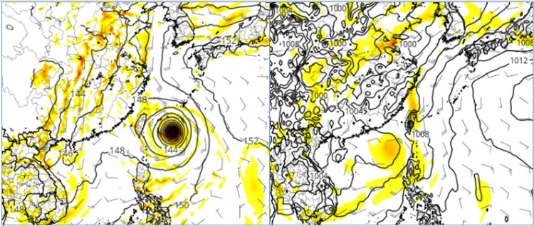 最新(22日20時)美國模式(GFS)模擬顯示，下週菲律賓東方海面有熱帶擾動，29日20日向北移至台灣東方海面(左圖)。最新歐洲模式則模擬，熱帶擾動穿過呂宋島進入南海(右圖)。翻攝自氣象應用推廣基金會