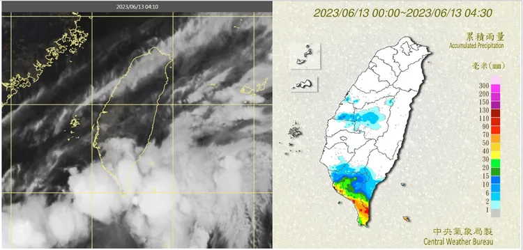 左圖：13日4：10真實色雲圖顯示，「滯留鋒」厚實雲層在台灣南端，愈往北雲層愈稀疏。

右圖：4：30累積雨量圖顯示，中部以南有局部雨，高屏較明顯。翻攝自氣象應用推廣基金會