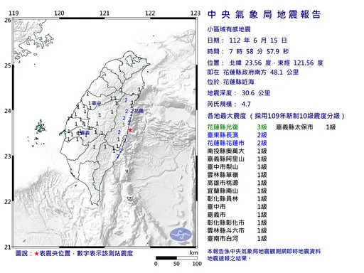 花蓮07:58規模4.7地震　最大震度3級