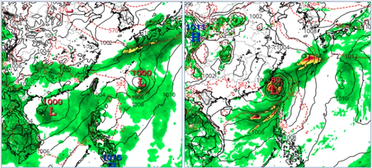最新(2日20時)歐洲(ECMWF)模式，模擬12日20時地面及降水圖顯示，台灣受鋒面接近及西南氣流影響(左圖)；同時的美國(GFS)模式模擬則顯示，鋒面及熱帶擾動正影響台灣，其後還有西南氣流(右圖)。兩種型態皆有利帶來大量降水。(圖擷自tropical tidbits)翻攝自氣象應用推廣基金會