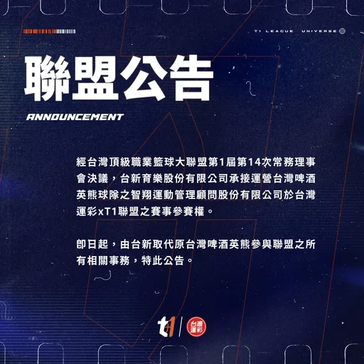 台新進軍T1取代台啤英熊　主場地點曝光！球員陣容未知