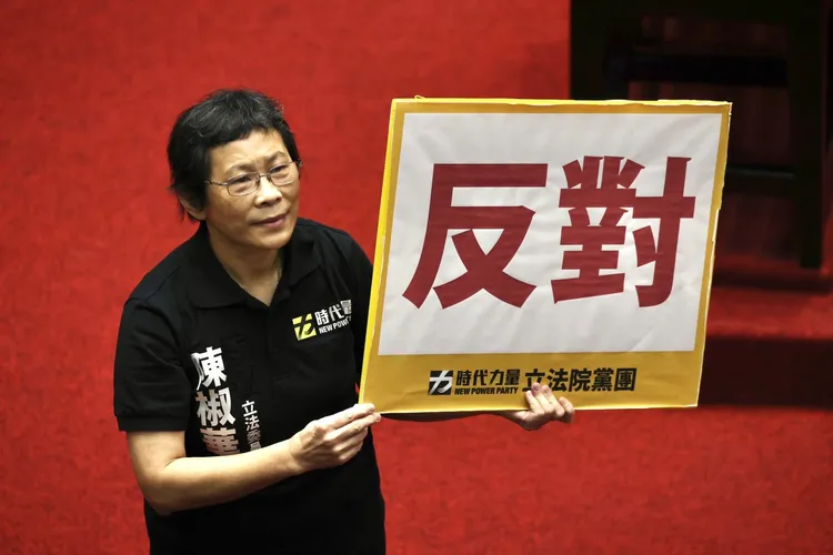 時代力量立委陳椒華高舉反對字牌。林林攝