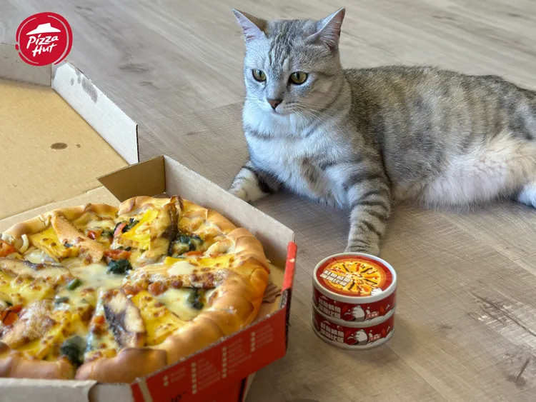 必勝客與新創寵物鮮食品牌「毛孩噗」合作，以「西京燒職人鮭魚比薩」為範本，邀獸醫師、營養師研發出「鮭魚鯖魚喵喵比薩罐頭」。業者提供