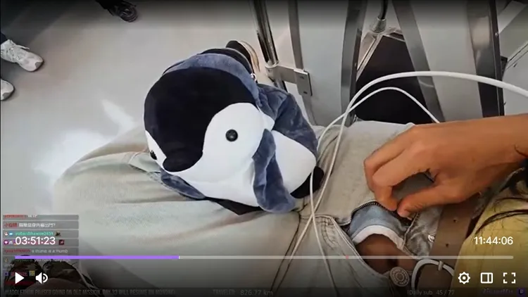 企鵝妹牛仔褲拉鍊蹦開，露出肚臍。取自企鵝妹直播