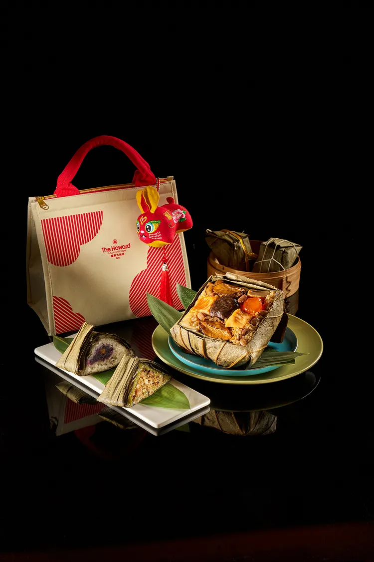 福兔廣式福粽禮盒，艾草菜脯鹹粿粽、桂花板栗蓮藕粽、紅麴香椿雞肉野菌粽、黎麥紫薯粽、鮑魚干貝及第八寶粽各1入，1288元。業者提供