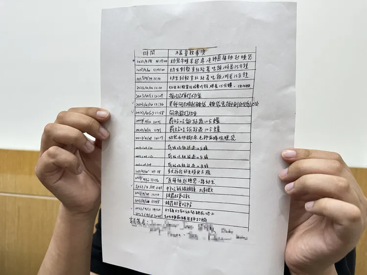 被害家長用手寫方式列出小孩被不當管教的內容，如同一張「罪狀表」。曾佳俊攝