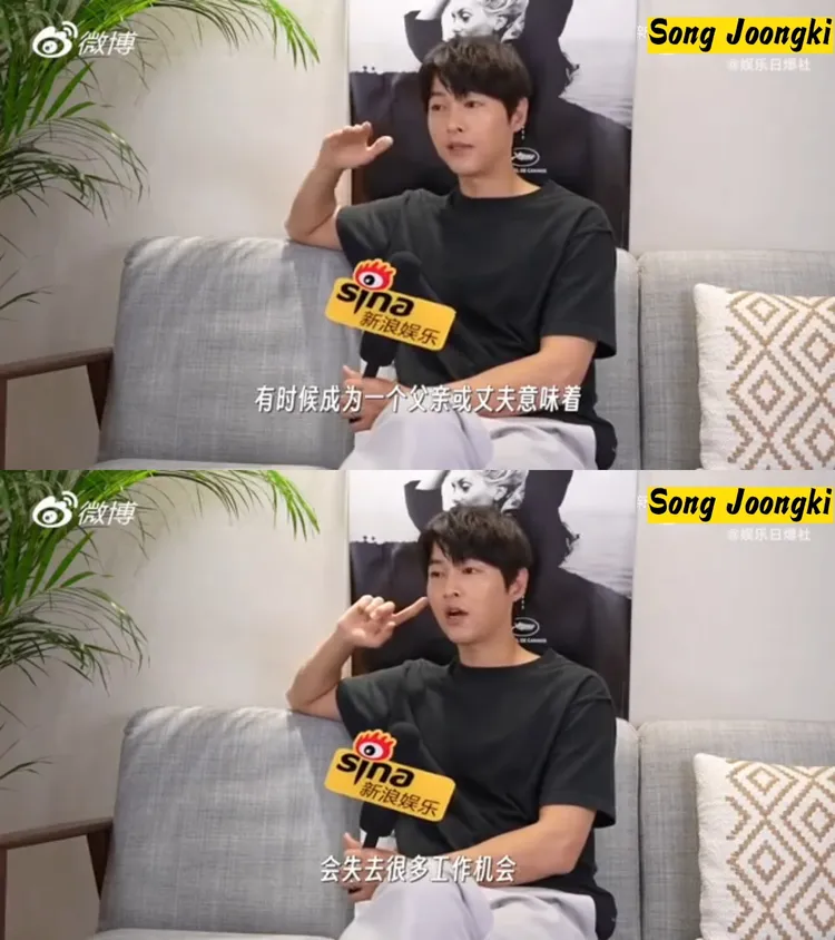 宋仲基5月參加坎城影展，接受《新浪娛樂》專訪，提到「當爸後會失去工作」，這句話引起韓國網友不滿。翻攝微博