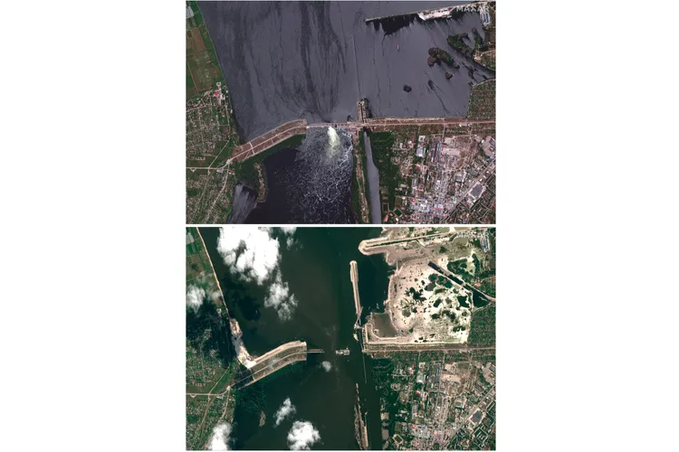 上圖攝於5月28日，是水壩未遭破壞前的模樣。下圖攝於6月16日。美聯社/MAXAR
