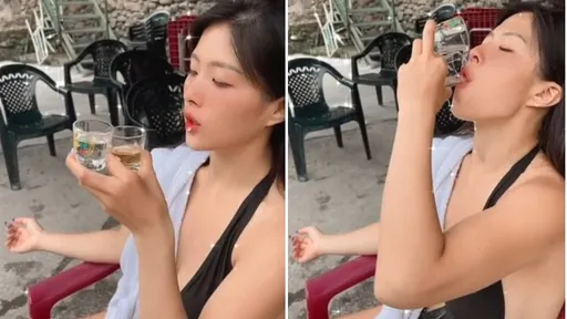 1杯不夠就2杯一起來！泳衣正妹「吼搭啦」　結果濕了胸