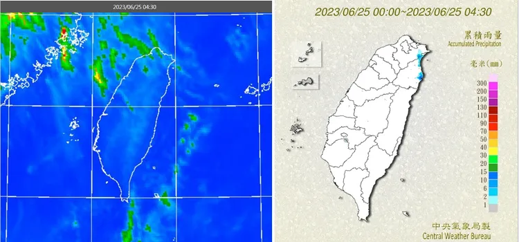 25日4：30紅外線色調強化雲圖顯示，台灣上空雲層鬆散(左圖)。4：30累積雨量圖顯示，宜蘭、新北有昨(24日)晚殘餘的局部降雨(右圖)。翻攝自氣象應用推廣基金會
