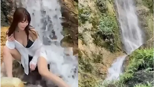 好暴力!瀑布狂沖長髮妹 雪乳玉腿「濕身秀」