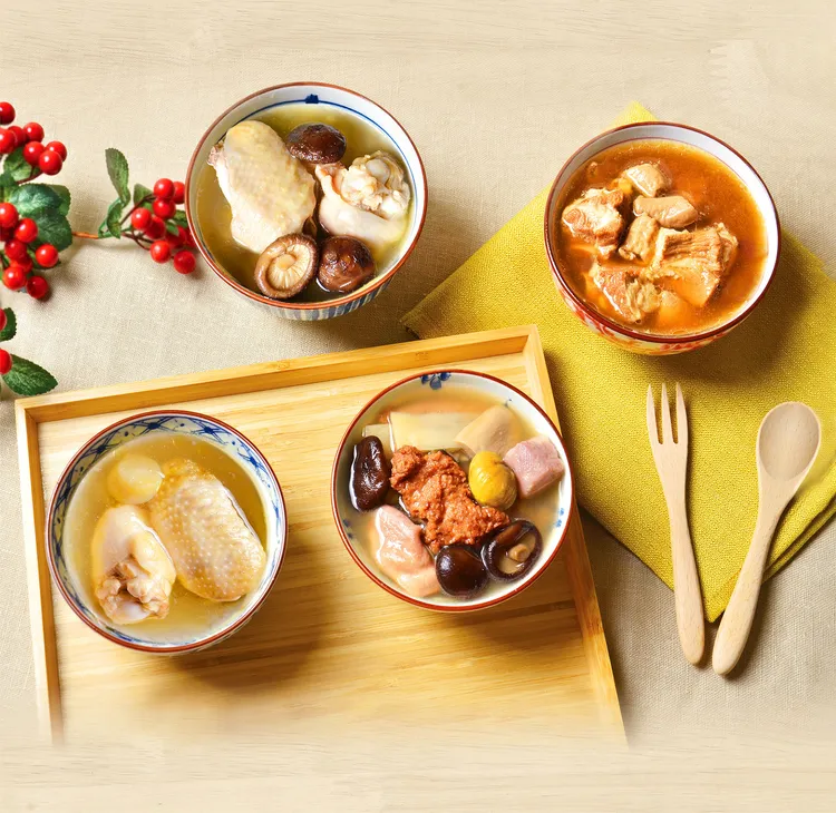 2023明星商品-鮮盒子中式煲湯(佛跳牆、干貝雞湯、香菇雞湯、肉骨茶)。業者提供