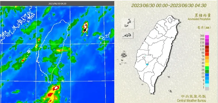 巴士海峽雲層較多，台灣上空雲層稀疏(左)。山區有昨夜殘餘零星飄雨(右)。取自氣象應用推廣基金會