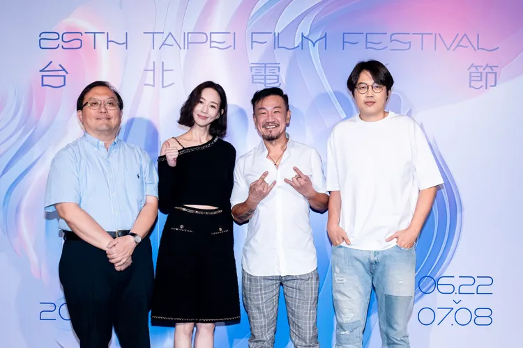 監製唐在揚（左起）、演員張鈞甯、陳為民、導演曾英庭出席記者會。台北電影節提供
