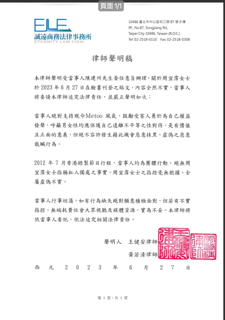 陳建州透過律師發聲明否認性騷，強調絕無私人獨處行程。