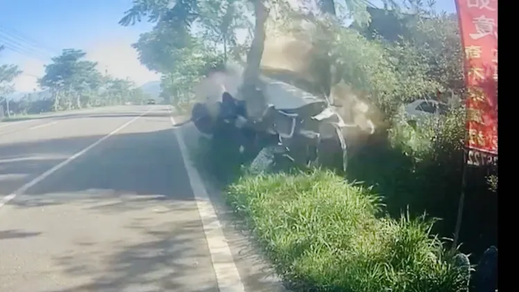 特斯拉及煞後先撞上路樹側翻。讀者提供