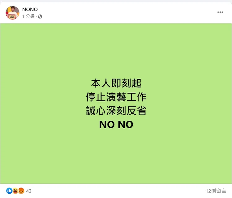 NONO宣布停止演藝工作。翻攝自NONO臉書
