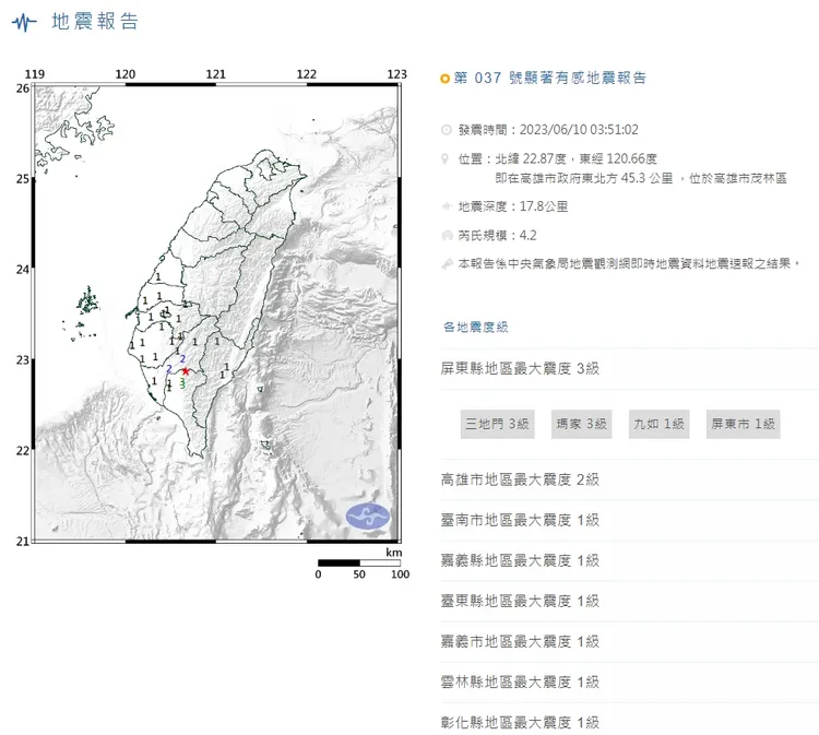 最大震度屏東縣3級。取自中央氣象局