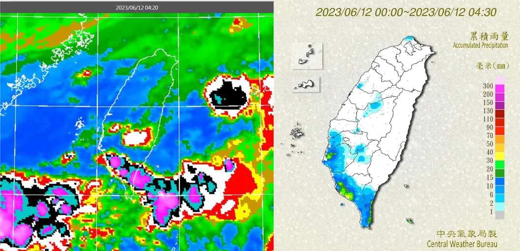 左圖:12日4:20歐洲(ECMWF)模式,紅外線色調強化雲圖顯示,各地區雲層多,嘉義以南發展較高。
右圖:4:30累積雨量圖顯示,各地區有局部短暫降雨,嘉義以南至恆春半島雨量較多(右圖)。翻攝自氣象應用推廣基金會