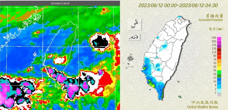 左圖：12日4：20歐洲(ECMWF)模式，紅外線色調強化雲圖顯示，各地區雲層多，嘉義以南發展較高。

右圖：4：30累積雨量圖顯示，各地區有局部短暫降雨，嘉義以南至恆春半島雨量較多(右圖)。翻攝自氣象應用推廣基金會