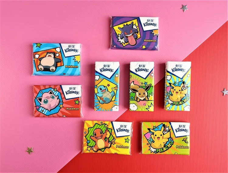 袖珍包面紙囊括皮卡丘、小火龍、卡比獸、胖丁 、耿鬼五大經典角色；紙手帕則有皮卡丘、傑尼龜、伊布。業者提供