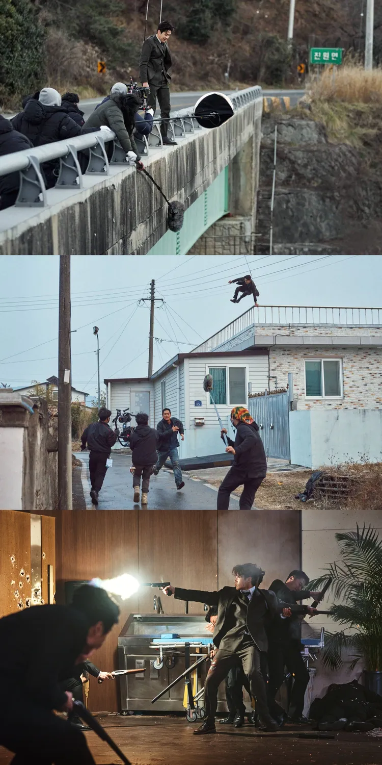金宣虎片中吊鋼絲跳高架橋、飛簷走壁、以一檔百開槍駁火，被封為韓片新一代殺手。翻攝NEW