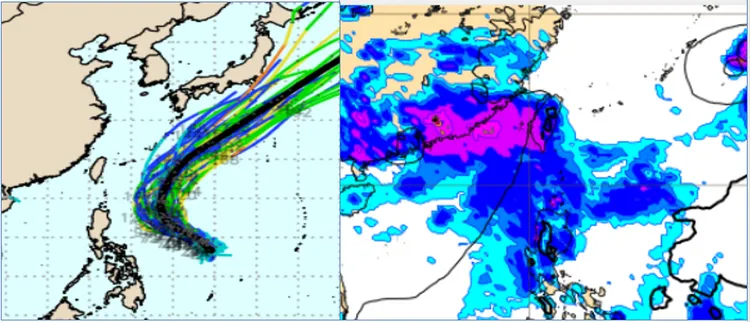 左圖：最新(5日20時)歐洲(ECMWF)模式系集模擬顯示，菲律賓東側熱帶低壓的未來路徑，在台灣東側遠海迴轉。

右圖：最新歐洲(ECMWF)模式，模擬15日20時地面圖顯示，有逐漸調整成「梅雨季」多雨的型態的趨勢。(圖擷自weathernerds)翻攝氣象應用推廣基金會