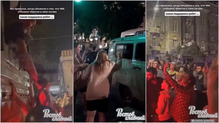 疑似羅斯托夫市年輕女性笑著找華格納士兵握手(中)，眾人上街頭歡送華格納軍團。翻攝自推特