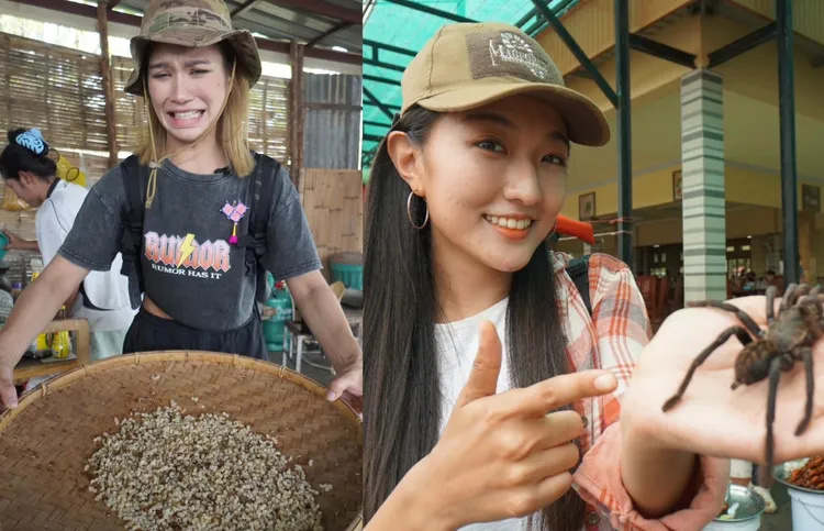 Christina(左）吃螞蟻蛋，劉沛穎吃炸蜘蛛，都相當具挑戰。緯來提供