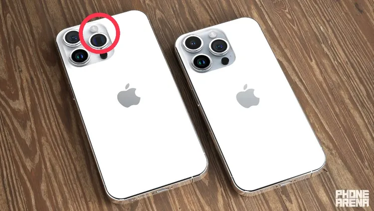 iPhone 15 Pro Max（左）搭載潛望鏡（紅圈處），可達6倍變焦，所以後鏡頭比iPhone 15 Pro（右）略凸。除了略凸外，這顆潛望鏡還有個細微的外觀差異，即鏡頭裡是矩形而不是圓形。翻攝PHONE ARENA 