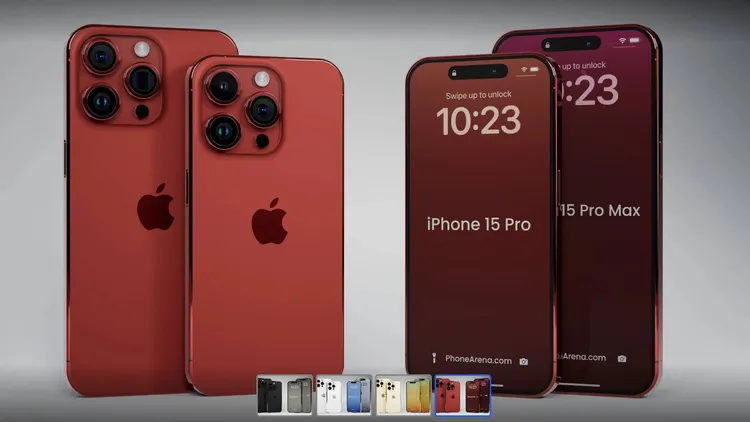iPhone 15 Pro及15 Pro Max共4種配色（下方小圖），今年高階特別色是酒紅色（大圖）。翻攝PHONE ARENA 