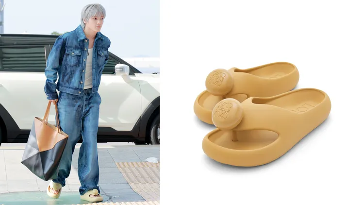 Taeyong看似隨興的機場穿搭（左，品牌提供），實則全身都是出自LOEWE的高價貨，光是他腳上的泡棉涼鞋（右，翻攝品牌官網），每雙就要價2萬2000元。