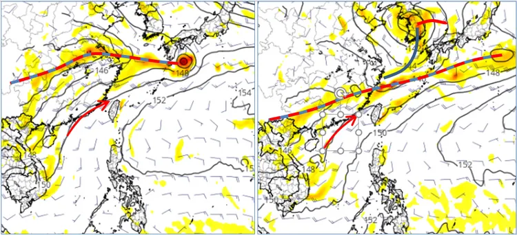 最新(15日20時)歐洲(ECMWF)模式，模擬18日8時850百帕渦度及風場圖顯示，「滯留鋒」在長江流域，台灣盛行「西南季風」(左圖)。模式模擬22日8時天氣圖則顯示，「滯留鋒」在北部海面，台灣仍受「西南季風」影響(右圖)。翻攝自氣象應用推廣基金會