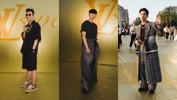 香港男星陳冠希（左起）、金曲歌王林俊傑和台灣男星林柏宏，同樣是日前LV男裝大秀的座上賓。品牌提供