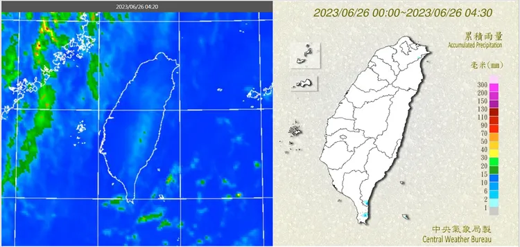 26日4：20紅外線色調強化雲圖顯示，台灣上空晴朗無雲(左圖)。4：30累積雨量圖顯示，台東、恆春半島零星降雨(右圖)。取自氣象應用推廣基金會