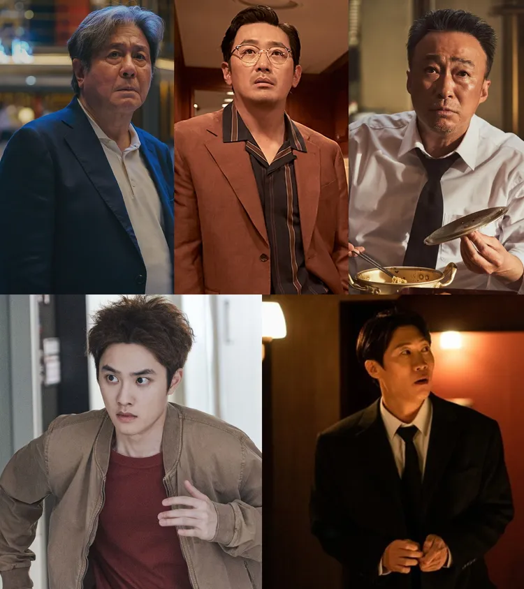 崔岷植（上排左起）、河正宇、李星民、都敬秀（下排左）、陳善圭競爭視帝。劇照