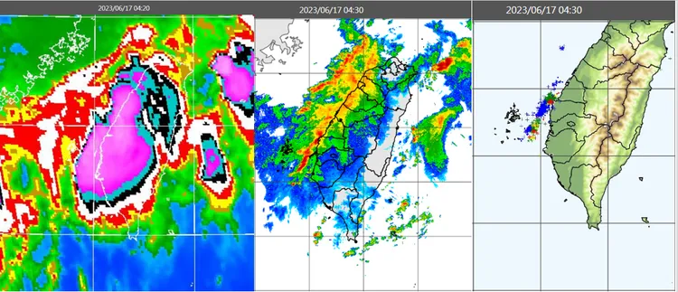 強對流在台灣西側沿海發展，砧狀雲佈滿西半部(左圖)。強線狀回波在西側沿海(中圖)。中部沿海密集閃電(右圖)。取自氣象應用推廣基金會