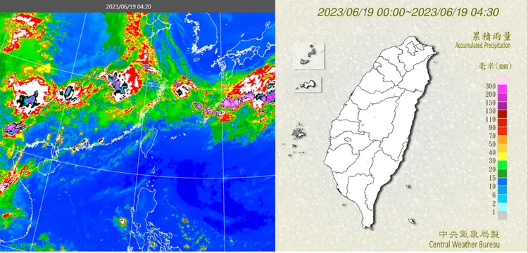 19日4：20紅外線色調強化雲圖顯示，「滯留鋒」在長江流域，台灣上空雲層稀疏(左圖)。4：30累積雨量圖顯示，陸地無降雨(右圖)。取自氣象應用推廣基金會