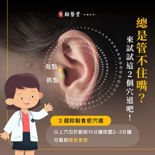 想吃管不住嘴！按耳朵2穴道降低食欲。翻攝臉書「翰醫堂中醫診所」