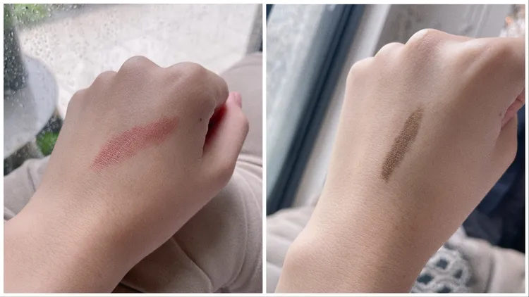 星鑽亮澤防水眼線筆#11粉霧金（右圖），與漾澤精華眼彩筆#19流光粉金（左圖）試色。張家玲攝