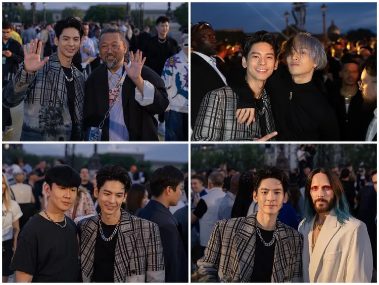 林柏宏在LV秀場「集郵」大明星，左上為藝術家村上隆、右上為王嘉爾、左下為林俊傑、右下為Jared Leto。品牌提供