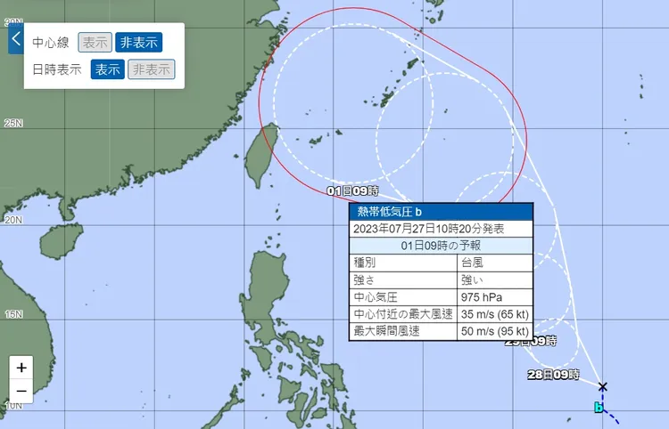根據日本預測，「卡努」一旦成颱，暴風圈可能將在8月1日觸及台灣東北角。翻攝日本氣象廳