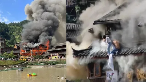 中國苗寨大火2死影片曝!遊客躍3樓逃生 商家竟誤傳消防演練
