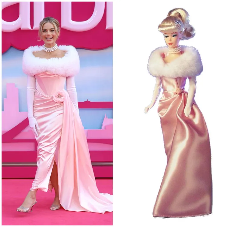 瑪歌羅比於7月12日的倫敦首映會上，以Vivienne Westwood訂製的禮服搭配Christian Louboutin高跟鞋。左圖翻攝margotrobbieofficial IG、右圖翻攝mattel